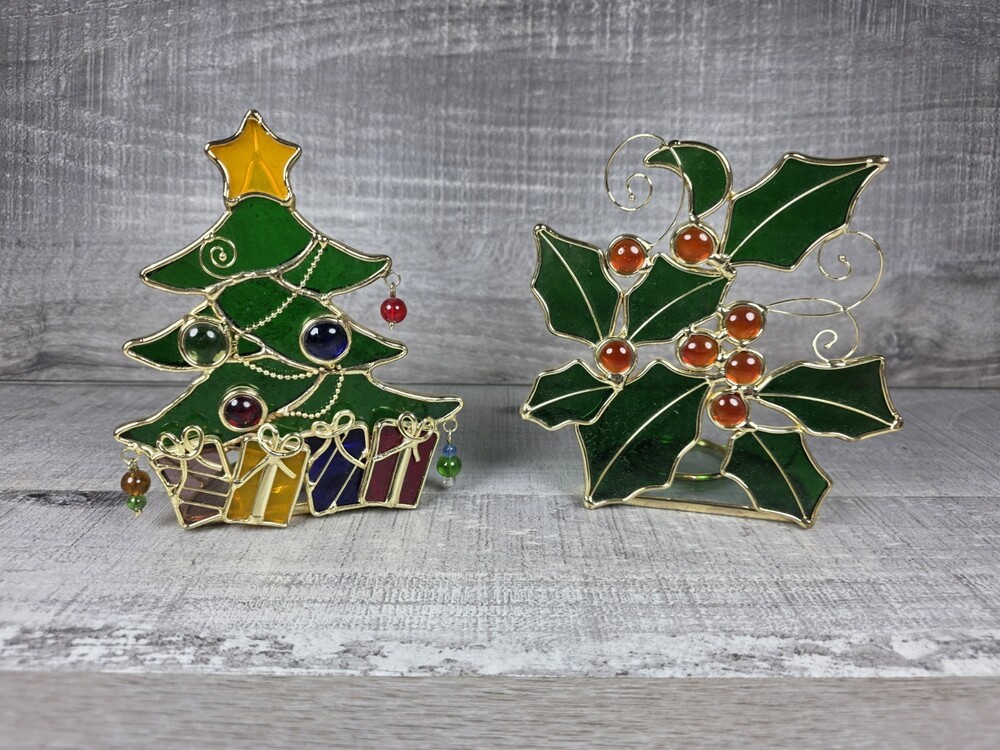 Stained Glass Christmas Tree & Holly Tea Light Votive Candle Holder Vtg g77g1
